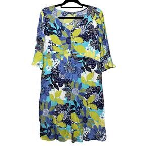 Habitat Women's Medium Floral Tunic Dress V-Neck Bright Artsy Blue Half Sleeve